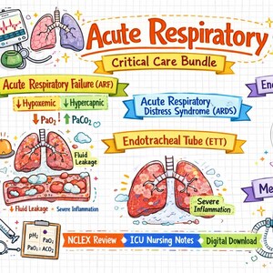 Könnte beinhalten: Eine farbenfrohe medizinische Illustration mit dem Titel "Acute Respiratory Critical Care Bundle" mit Diagrammen von Lungen, medizinischen Geräten und Textbeschriftungen wie "Acute Respiratory Failure" und "Endotracheal Tube (ETT)". Der Text "NCLEX Review" und "ICU Nursing Notes" ist enthalten.