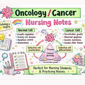 Könnte beinhalten: Farbenfrohe Infografik mit dem Titel "Onkologie/Krebs Pflegehinweise" mit Illustrationen von normalen und Krebszellen, einer Glühbirne und einem Klemmbrett. Der Text enthält Beschreibungen von "Normaler Zelle" und "Krebszelle".