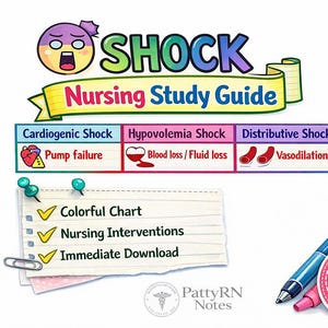 Puede incluir: Una colorida guía de estudio de enfermería titulada "SHOCK" con una cara de dibujos animados y una pancarta que dice "Guía de estudio de enfermería". La guía incluye un cuadro con diferentes tipos de shock y una lista de características: "Gráfico colorido", "Intervenciones de enfermería" y "Descarga inmediata". También se incluye un bolígrafo rosa y azul y un rotulador rosa.