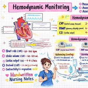 May include: A colorful medical illustration titled "Hemodynamic Monitoring" with diagrams of the heart, blood pressure readings, and a nurse. The image includes text about heart rate, cardiac output, and other vital signs. The illustration is from "Handwritten Nursing Notes."