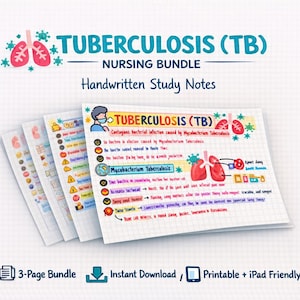 Può includere: Un insieme di appunti scritti a mano sulla tubercolosi (TB) per studenti di infermieristica. Gli appunti sono colorati e includono diagrammi dei polmoni e altre illustrazioni mediche. Il testo recita "Nursing Bundle" e "Handwritten Study Notes". Sono visibili anche uno stetoscopio e puntine.