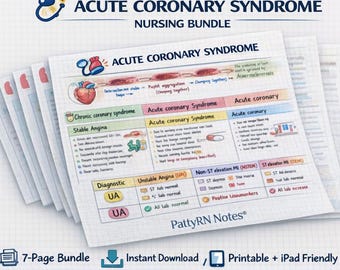 Guia de estudo de enfermagem sobre síndrome coronariana aguda: notas sobre STEMI, NSTEMI e CABG.