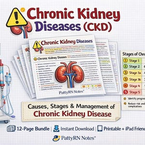 Op de afbeelding: Een medische illustratie getiteld "Chronische Nierziekten (CKD)" met een stapel informatiebladen met een nierafbeelding. Een diagram geeft de stadia van de ziekte weer. Medische apparatuur en een stethoscoop.