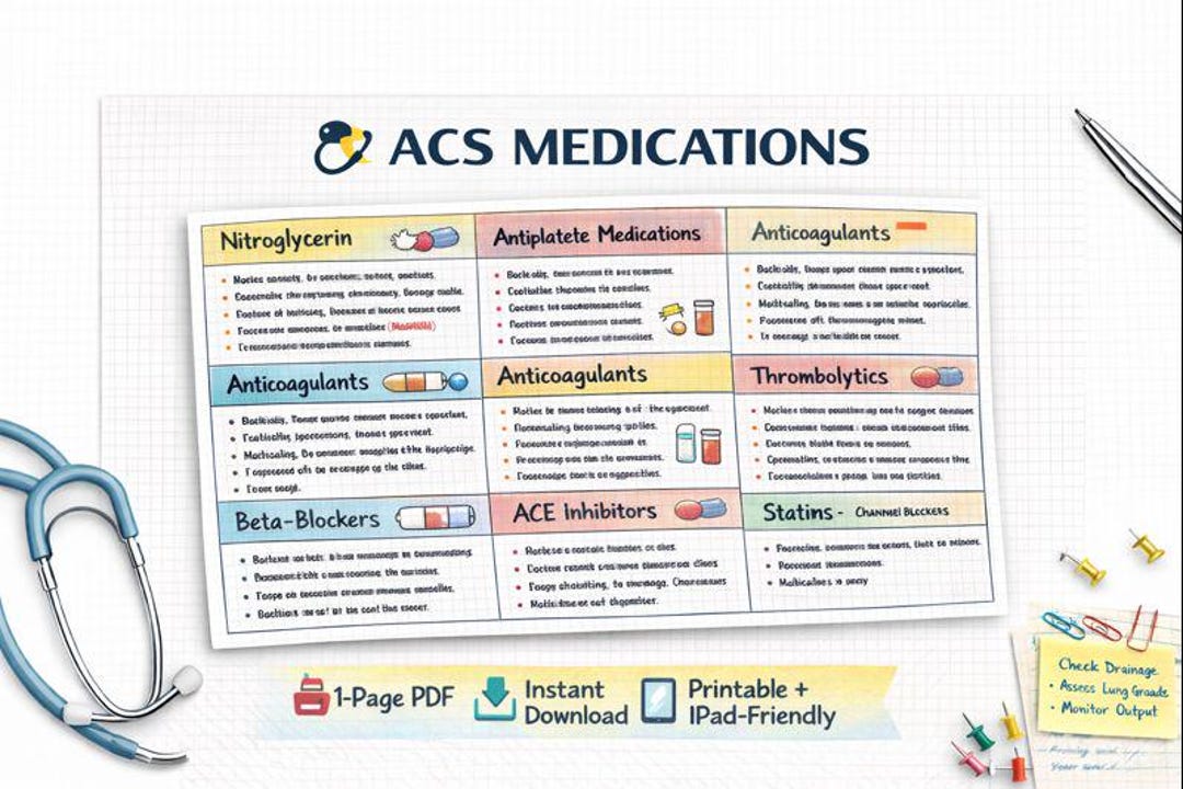 ACS Medications Nursing Cheat Sheet | STEMI NSTEMI Cardiac Drug Chart ...