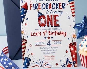 Little Firecracker 1st Birthday Invitation, July 4th Editable Canva Template (Digital Download)