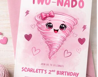 Two-Nado Birthday Invitation | Pink Tornado Girl 2nd Birthday (Editable Canva Template)