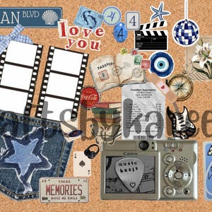 May include: A collage on a corkboard featuring film strips, a denim pocket with a star, a camera, and various stickers and cutouts. Text includes "OCEAN BLVD", "love you", and "memories".