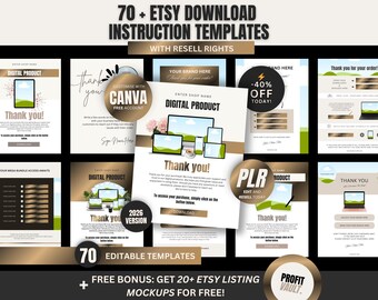 Más de 70 plantillas de instrucciones de agradecimiento de Etsy listas para usar (con derechos de vendedor PLR) y paquete editable de Canva para tienda de Etsy.
