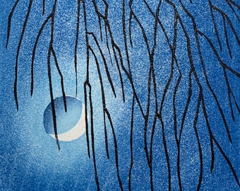 Japanese moons:  Willow - original numbered waterbased Japanese woodblock print