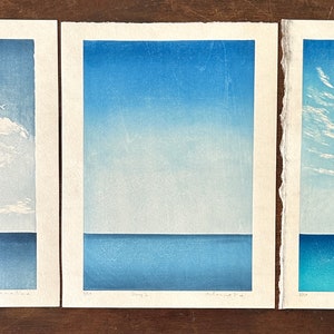 3 Days by the sea - complete series of 3 prints: Japanese Woodcut Mokuhanga, seaside landscape