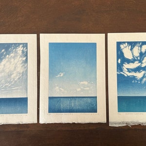 Summer breeze triptych : Japanese Woodcut Mokuhanga, seaside landscape