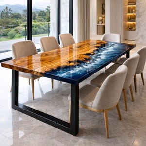 Olive Wood Epoxy Dining Table Blue Ocean Wave Handmade