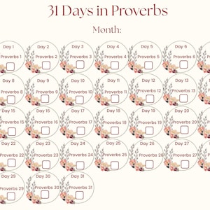 Puede incluir: Un calendario beige titulado "31 Días en Proverbios" con un diseño floral. Cada día está en un círculo con un borde floral, el número del día y un espacio para notas. El calendario está diseñado para rastrear el libro de Proverbios.