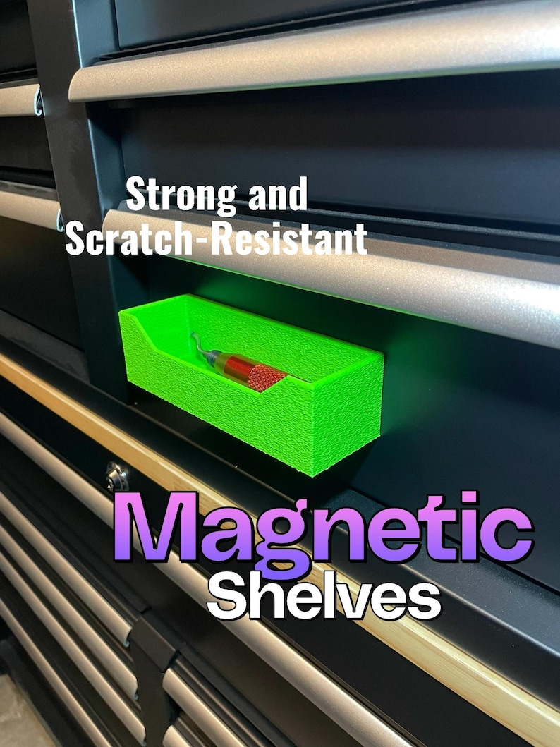 May include: A bright green magnetic shelf is mounted on a black surface. The shelf holds a red and silver tool. Text on the image reads "Strong and Scratch-Resistant" and "Magnetic Shelves".