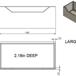 May include: A technical drawing of a rectangular box labeled "LARGE". The box dimensions are provided in inches: 6.06 inches long, 2.36 inches high, and 2.16 inches deep. The side wall thickness is 0.17 inches.