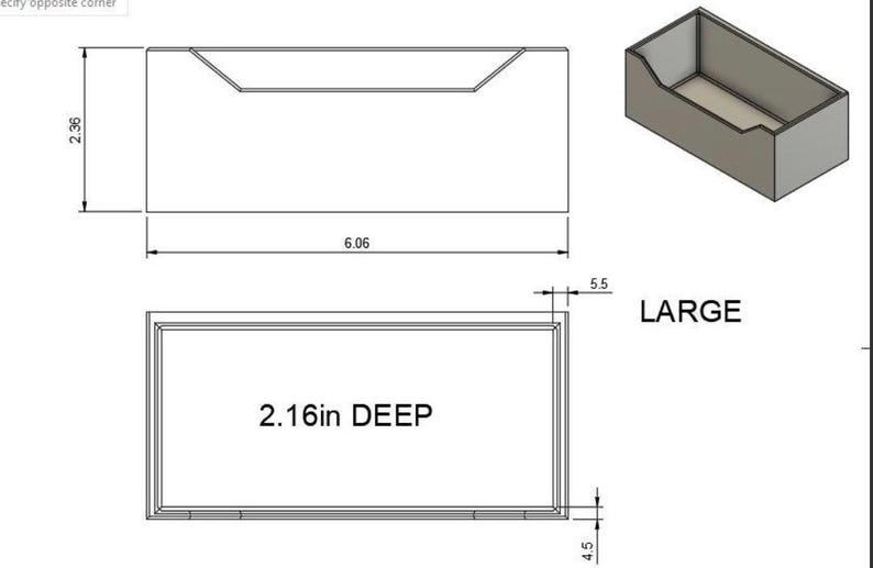 May include: A technical drawing of a rectangular box labeled "LARGE". The box dimensions are provided in inches: 6.06 inches long, 2.36 inches high, and 2.16 inches deep. The side wall thickness is 0.17 inches.