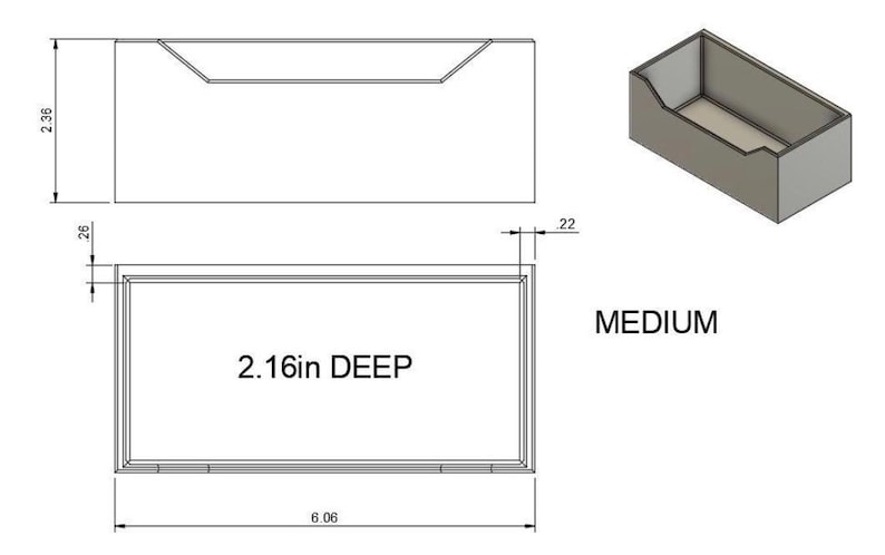May include: Technical drawing of a medium-sized rectangular container with dimensions labeled in inches. The container is 6.06 inches long, 2.36 inches high, and 2.16 inches deep. The side view shows a recessed top.