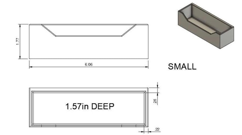 May include: A small rectangular container with dimensions labeled in inches. The container is 6.06 inches long, 1.77 inches high, and 1.57 inches deep. The text "SMALL" is also present.
