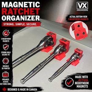 May include: Three red 3D printed magnetic ratchet organisers labelled 1/2 inch, 3/8 inch, and 1/4 inch, each holding a silver metal ratchet. The text reads Magnetic Ratchet Organiser, Strong. Simple. Secure., and Actual Bottom View 3 Neodymium Magnets.