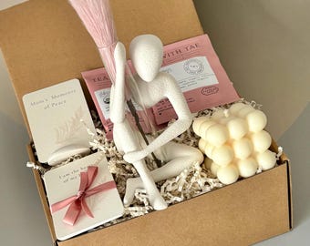 Caja de regalo para el autocuidado de mamá, jarrón pequeño con figura impresa en 3D, vela de soja, té y tarjetas de afirmaciones, regalo para mamá.