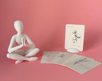 Meditation Gift Set with Yoga Figurine and Affirmation Cards, Minimalist Yoga Decor, Mindfulness Gift for Her, 3D Printed Sculpture