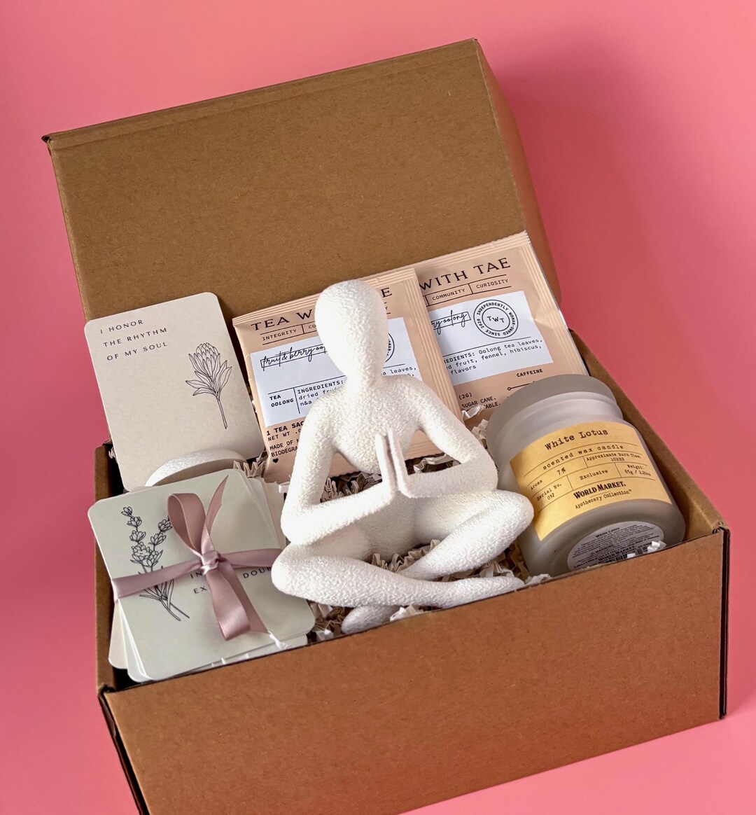 Self Care Gift Box With Yoga Figurine and Affirmation Cards. Wellness ...