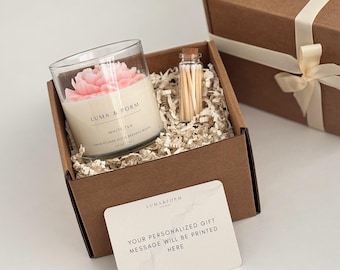 Caja de regalo con vela de peonía para ella, regalo personalizado de vela de soja floral, regalo de agradecimiento de cumpleaños para damas de honor, vela hecha a mano