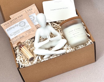 Paquete de cuidado para ella, caja de regalo para aliviar el estrés con vela de soja y té, set de regalo para el autocuidado, decoración con figura de meditación