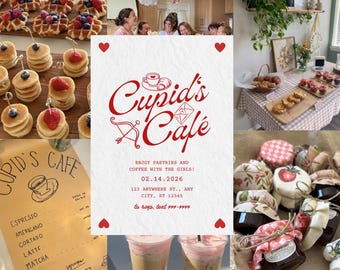 Puede incluir: Un collage de comida y artículos de cafetería. Incluye panqueques, gofres, pasteles y bebidas. Un letrero dice "Cupid's Cafe" con un logotipo de corazón y flecha. También se ven frascos de mermelada y un menú.