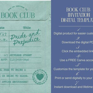 Puede incluir: Plantilla digital de invitaci&oacute;n a un club de lectura turquesa con el texto "Pride and Prejudice" y detalles del evento. El dise&ntilde;o incluye un sello con un coraz&oacute;n e instrucciones para la personalizaci&oacute;n digital, descarga y uso con una cuenta Canva.