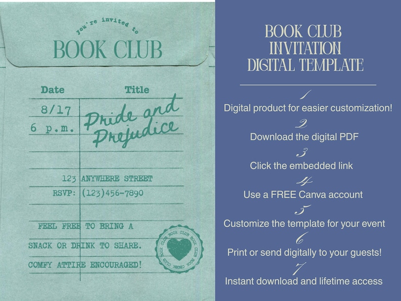 Puede incluir: Plantilla digital de invitaci&oacute;n a un club de lectura turquesa con el texto "Pride and Prejudice" y detalles del evento. El dise&ntilde;o incluye un sello con un coraz&oacute;n e instrucciones para la personalizaci&oacute;n digital, descarga y uso con una cuenta Canva.