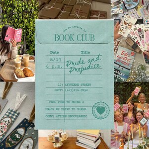 Puede incluir: Un collage de im&aacute;genes relacionadas con un club de lectura. Incluye una invitaci&oacute;n turquesa con el texto "Pride and Prejudice", marcadores, libros y personas sosteniendo libros. La invitaci&oacute;n incluye la fecha, hora y direcci&oacute;n.