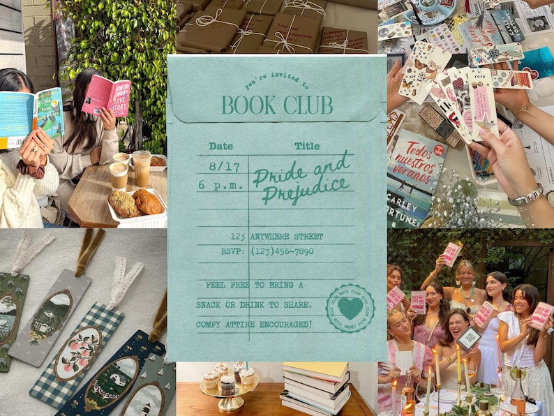Puede incluir: Un collage de im&aacute;genes relacionadas con un club de lectura. Incluye una invitaci&oacute;n turquesa con el texto "Pride and Prejudice", marcadores, libros y personas sosteniendo libros. La invitaci&oacute;n incluye la fecha, hora y direcci&oacute;n.