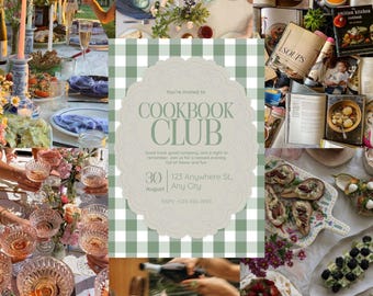 Puede incluir: Un collage con una invitación a un club de cocina con un fondo de cuadros verdes. La invitación tiene un borde festoneado y dice "Cookbook Club". La imagen también muestra una mesa con comida, bebidas y libros de cocina.