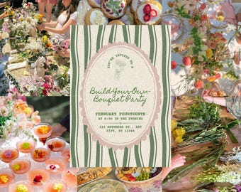 Puede incluir: Una invitación a una "Fiesta de construcción de ramos" con un fondo a rayas verdes y blancas. La invitación está rodeada de imágenes de flores, comida y personas arreglando ramos. El texto de la invitación dice "Catorce de febrero a las 18:30 horas".