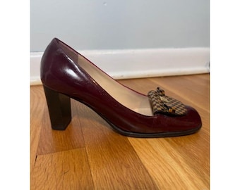 Louis Vuitton Damier Ebene Bow Pump IT37 US6.5 Burgundy Patent Vintage COA