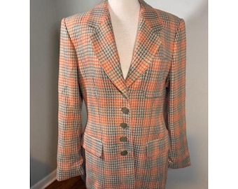 Escada Margaretha Ley Lana Lurex Plaid Blazer EU38 US8 Vintage 80s Naranja Gris