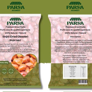 May include: A package of Parsa Market premium dried fruits, Sinjid (Dried Oleaster). The bag features a heart-shaped image of the dried fruit. The text on the bag includes nutritional information and the phrase "100% Natural".