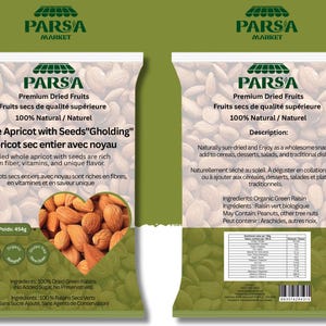 Op de afbeelding: Een verpakking gedroogde abrikozen met pitten, met het label "Whole Apricot with Seeds 'Gholding'". De verpakking heeft een hartvormige weergave van abrikozen en de tekst "PARSA MARKET". De verpakking weegt 454g.