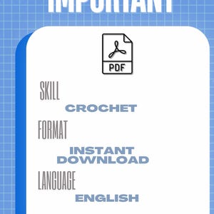 K&ouml;nnte beinhalten: Eine digitale Dokumentgrafik auf blauem Rasterhintergrund mit dem Text IMPORTANT, BROSDESIGNCRAFTSPK, SKILL CROCHET, FORMAT INSTANT DOWNLOAD und LANGUAGE ENGLISH. Ein schwarz-wei&szlig;es PDF-Symbol ist &uuml;ber den Textbeschriftungen zentriert.