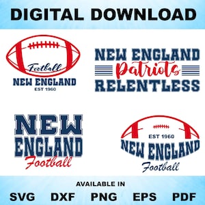 Peut inclure: Téléchargement numérique de graphiques avec des logos de football des Patriots de la Nouvelle-Angleterre. Les motifs comprennent des ballons de football et du texte qui se lit "New England Football", "Patriots Relentless" et "EST 1960". Disponible en SVG, DXF, PNG, EPS et PDF.