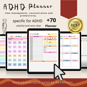 Può includere: Planner digitale per ADHD con layout colorati per la gestione del tempo, la concentrazione e la produttività. Include modelli giornalieri, mensili e di sfida di 30 giorni. Con il testo "ADHD Planner" e "Downloadable Annual Planning".