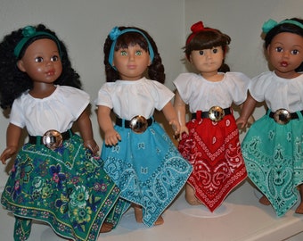 Bandana skirt with belt and top with headband for 18 inch doll/EACH SOLD SEPARATELY