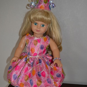 HAPPY BIRTHDAY dress, shoes, party hat and bracelet for 18 inch doll