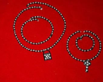 ON SALE/ 4 piece child and doll black lock and key necklace and bracelet set