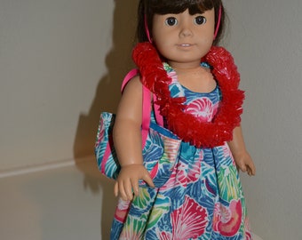 Hawaiian dress with headband, lei, and beach bag for 18 inch doll