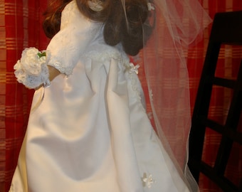 Dolls wedding gown with veil, corsage and necklace
