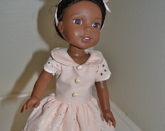 Peach eyelet dress for 14 inch doll