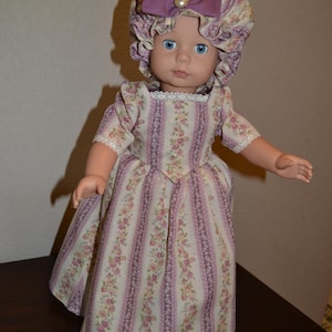 Colonial dress with bum roll and mob cap for 18 inch doll