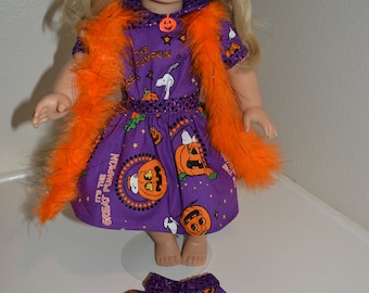 Halloween dress, boa, and matching shirt for 18 inch doll